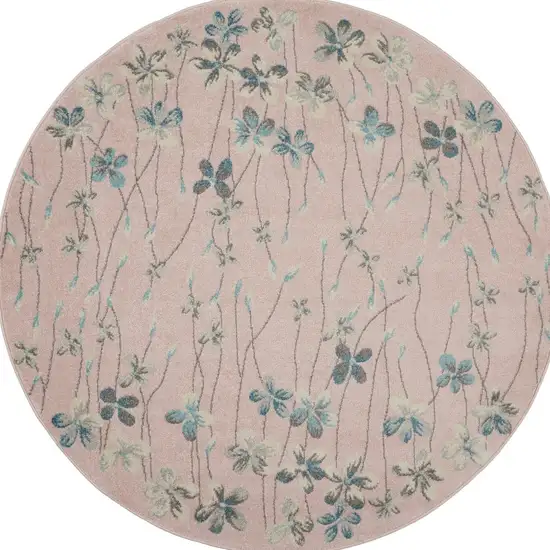 5' Pink Gray and Blue Botanical Leaves Round Rug Photo 7