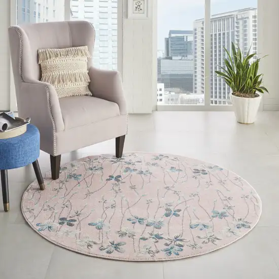 5' Pink Gray and Blue Botanical Leaves Round Rug Photo 4