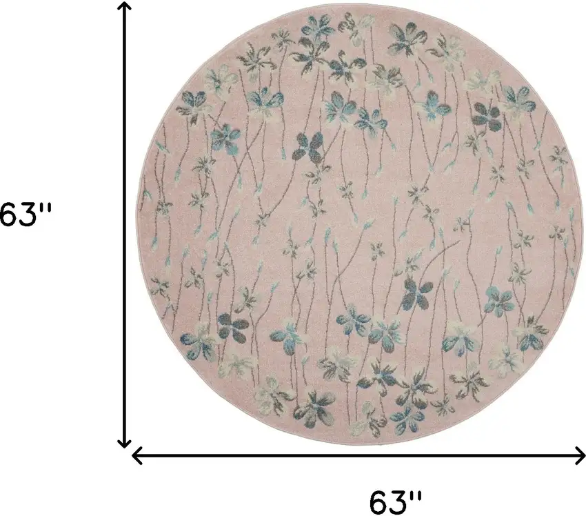 5' Pink Gray and Blue Botanical Leaves Round Rug Photo 3