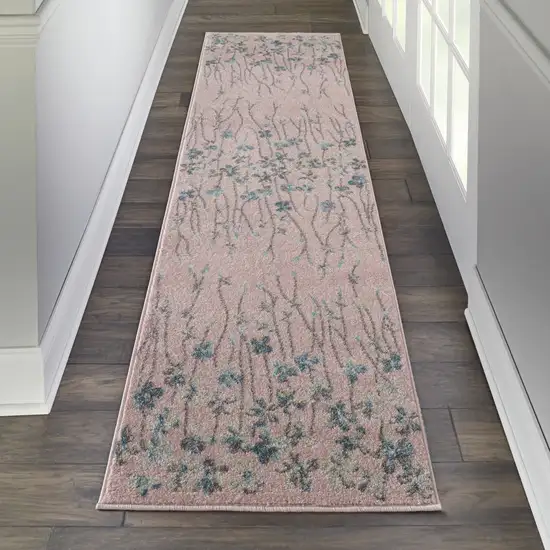 7' Pink Gray and Blue Floral Vines Runner Rug Photo 8