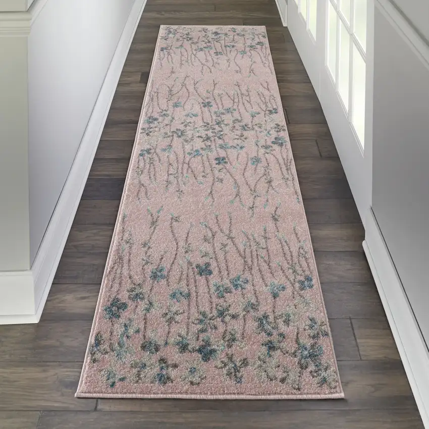 7' Pink Gray and Blue Floral Vines Runner Rug Photo 8