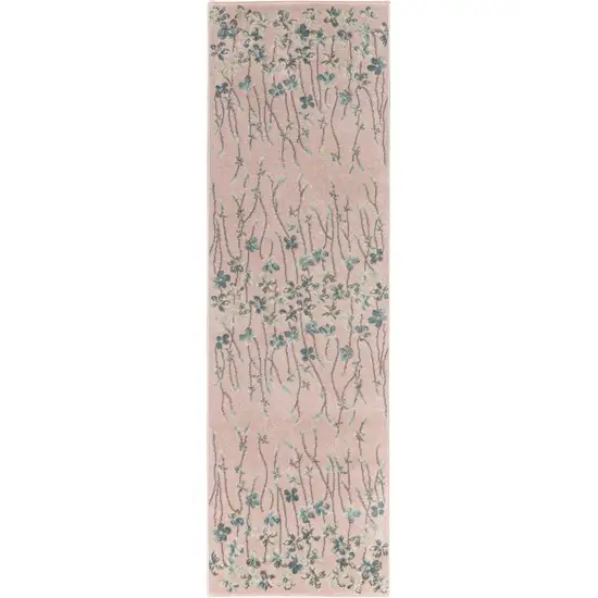 7' Pink Gray and Blue Floral Vines Runner Rug Photo 8
