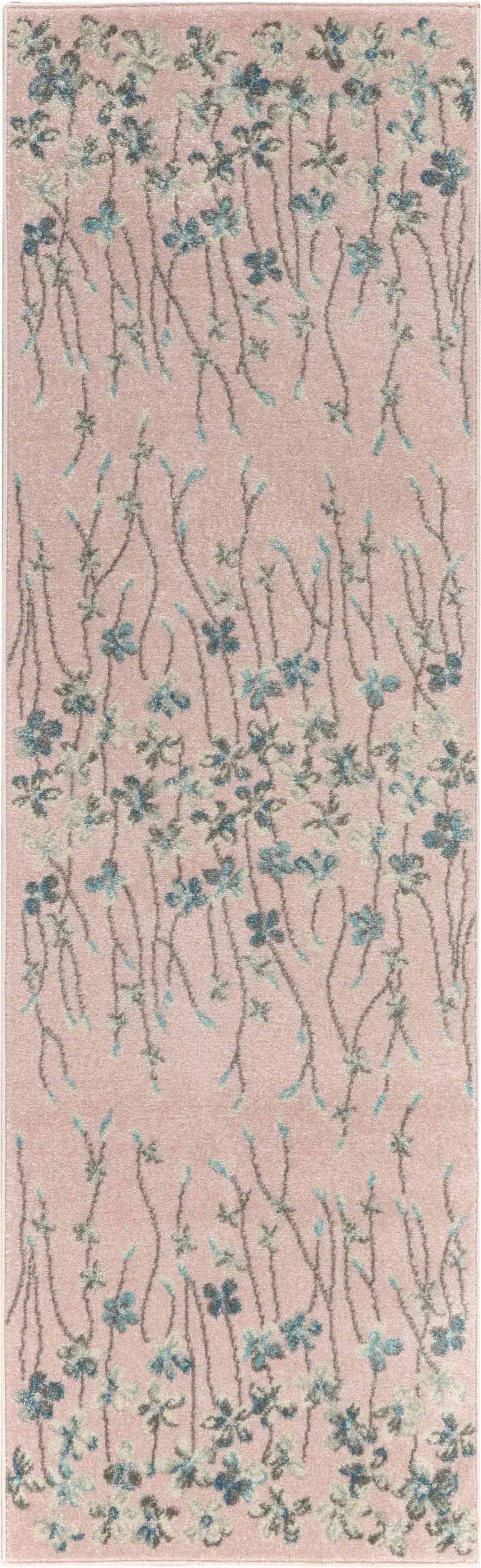 7' Pink Gray and Blue Floral Vines Runner Rug Photo 8