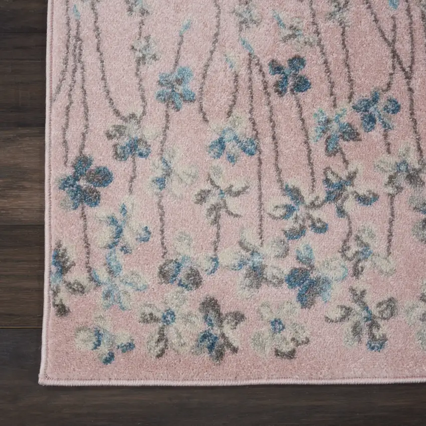 7' Pink Gray and Blue Floral Vines Runner Rug Photo 9