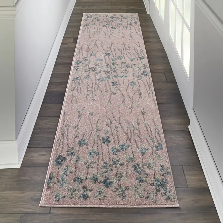 7' Pink Gray and Blue Floral Vines Runner Rug Photo 4