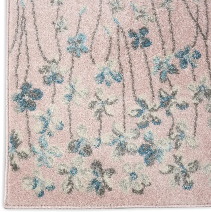 7' Pink Gray and Blue Floral Vines Runner Rug Photo 7