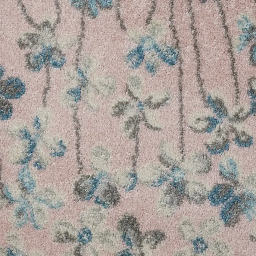 7' Pink Gray and Blue Floral Vines Runner Rug Photo 9