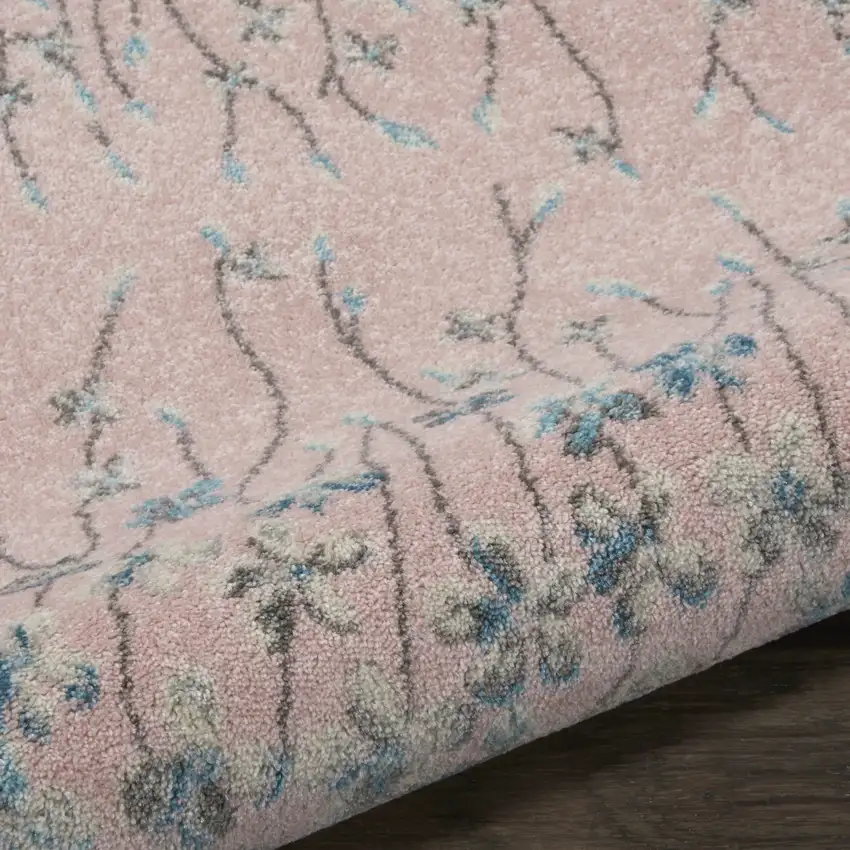 7' Pink Gray and Blue Floral Vines Runner Rug Photo 6