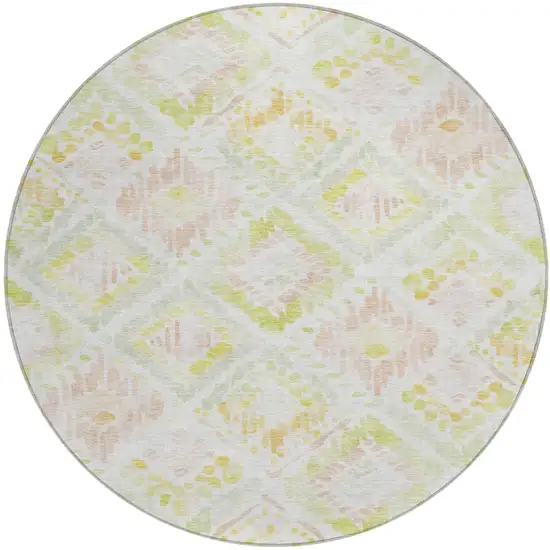 8' Pink Green And Beige Round Geometric Washable Indoor Outdoor Area Rug Photo 2