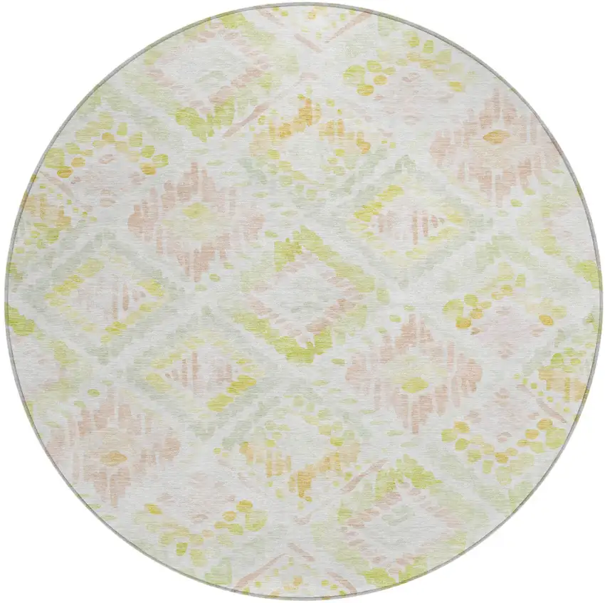 8' Pink Green And Beige Round Geometric Washable Indoor Outdoor Area Rug Photo 2