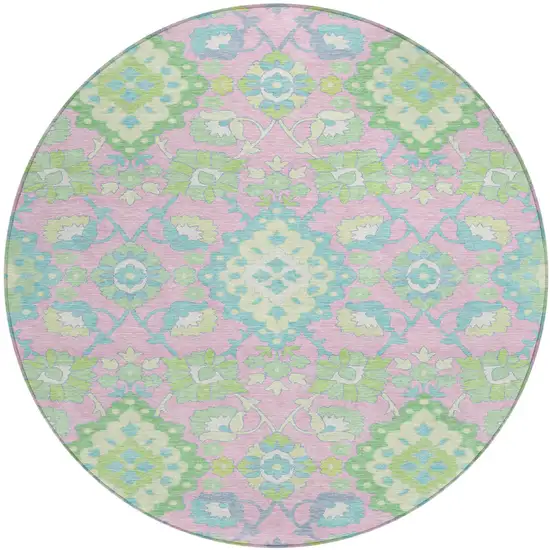 8' Pink Green And Blue Round Oriental Washable Indoor Outdoor Area Rug Photo 2