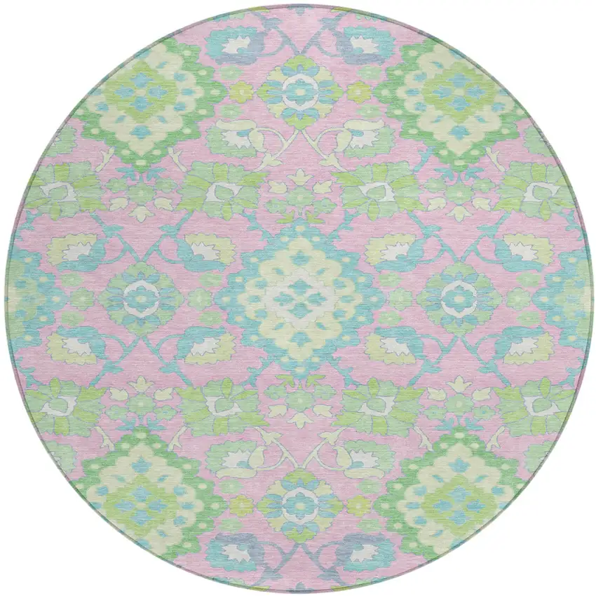 8' Pink Green And Blue Round Oriental Washable Indoor Outdoor Area Rug Photo 2