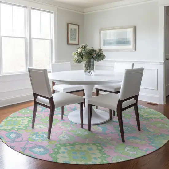 8' Pink Green And Blue Round Oriental Washable Indoor Outdoor Area Rug Photo 8