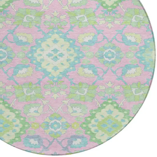 8' Pink Green And Blue Round Oriental Washable Indoor Outdoor Area Rug Photo 5