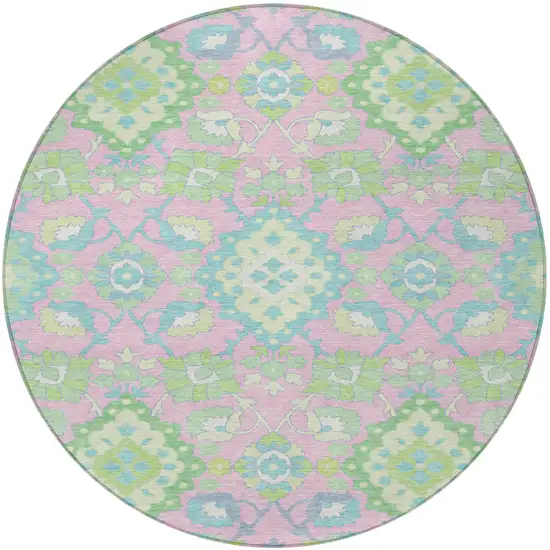 8' Pink Green And Blue Round Oriental Washable Indoor Outdoor Area Rug Photo 6