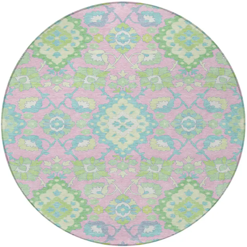 8' Pink Green And Blue Round Oriental Washable Indoor Outdoor Area Rug Photo 6