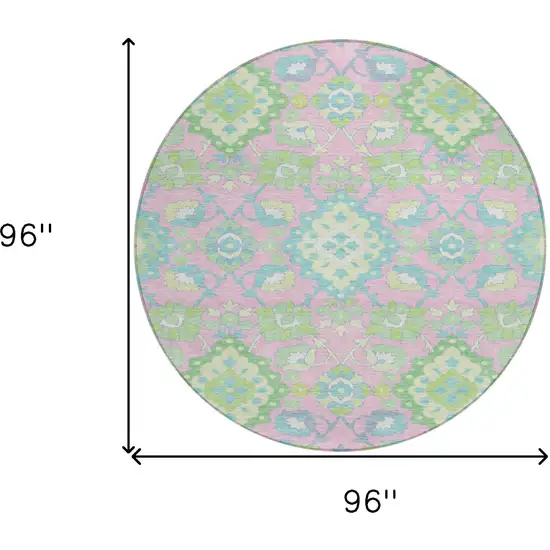 8' Pink Green And Blue Round Oriental Washable Indoor Outdoor Area Rug Photo 3