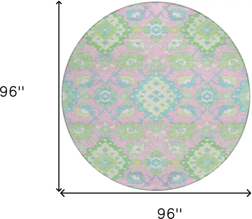 8' Pink Green And Blue Round Oriental Washable Indoor Outdoor Area Rug Photo 3