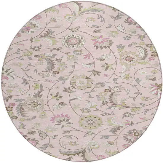 8' Pink Green And Gray Round Floral Washable Indoor Outdoor Area Rug Photo 2