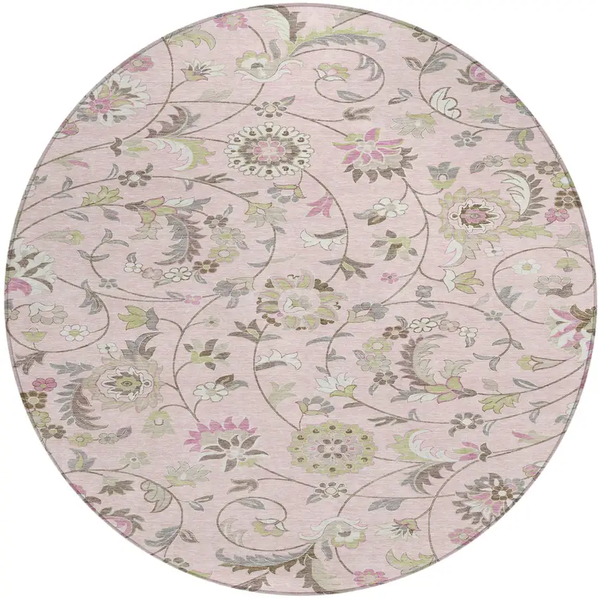 8' Pink Green And Gray Round Floral Washable Indoor Outdoor Area Rug Photo 2