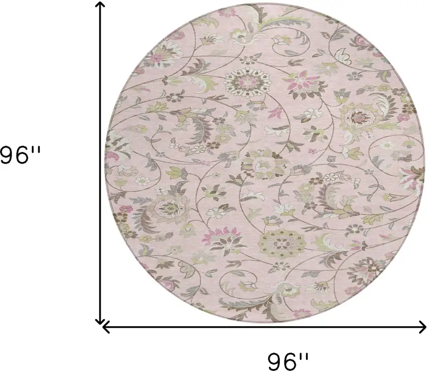 8' Pink Green And Gray Round Floral Washable Indoor Outdoor Area Rug Photo 3