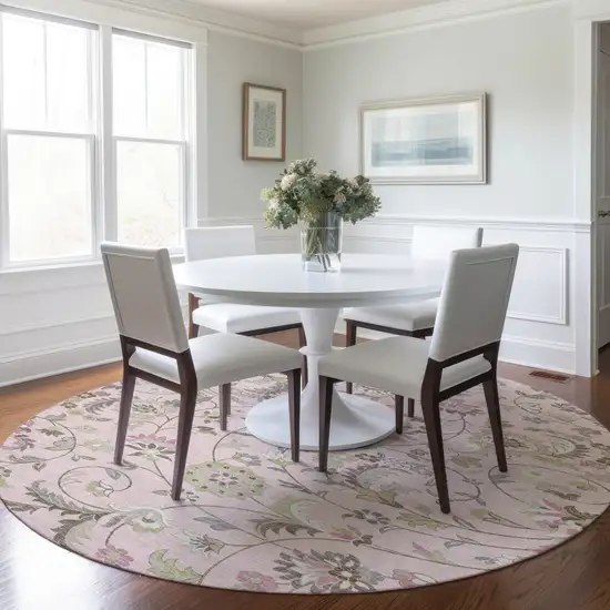 8' Pink Green And Gray Round Floral Washable Indoor Outdoor Area Rug Photo 8