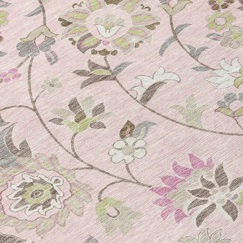 8' Pink Green And Gray Round Floral Washable Indoor Outdoor Area Rug Photo 4