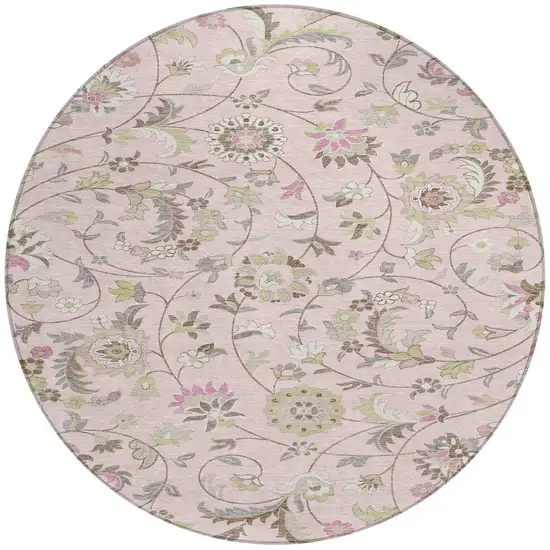 8' Pink Green And Gray Round Floral Washable Indoor Outdoor Area Rug Photo 6