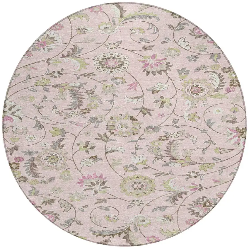 8' Pink Green And Gray Round Floral Washable Indoor Outdoor Area Rug Photo 6