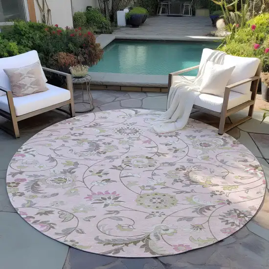 8' Pink Green And Gray Round Floral Washable Indoor Outdoor Area Rug Photo 7