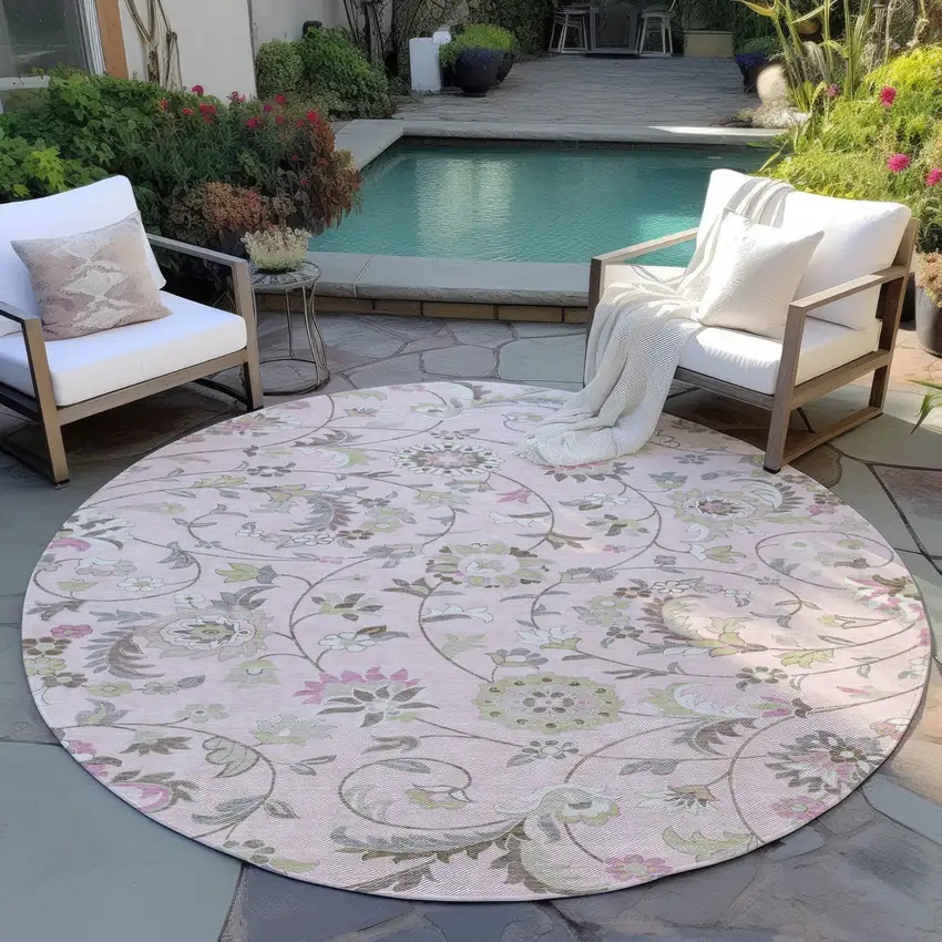 8' Pink Green And Gray Round Floral Washable Indoor Outdoor Area Rug Photo 7
