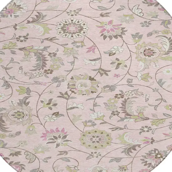 8' Pink Green And Gray Round Floral Washable Indoor Outdoor Area Rug Photo 5