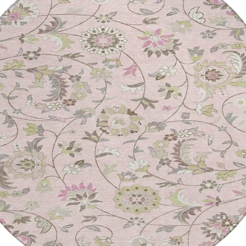 8' Pink Green And Gray Round Floral Washable Indoor Outdoor Area Rug Photo 5
