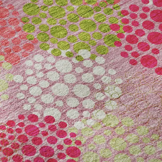 8' Pink Green And Ivory Polka Dot Washable Round Rug With UV Protection Photo 9