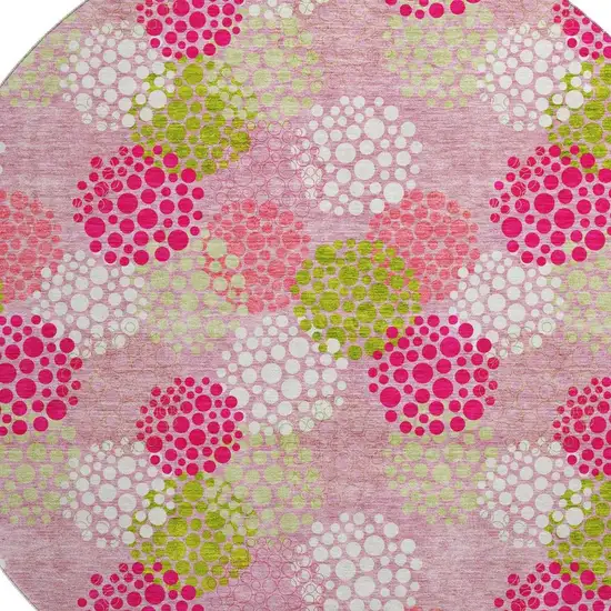 8' Pink Green And Ivory Polka Dot Washable Round Rug With UV Protection Photo 3