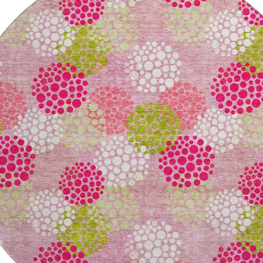 8' Pink Green And Ivory Polka Dot Washable Round Rug With UV Protection Photo 3