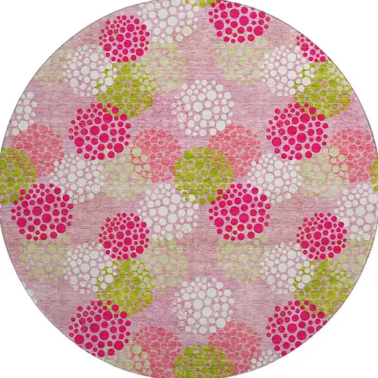 8' Pink Green And Ivory Polka Dot Washable Round Rug With UV Protection Photo 4