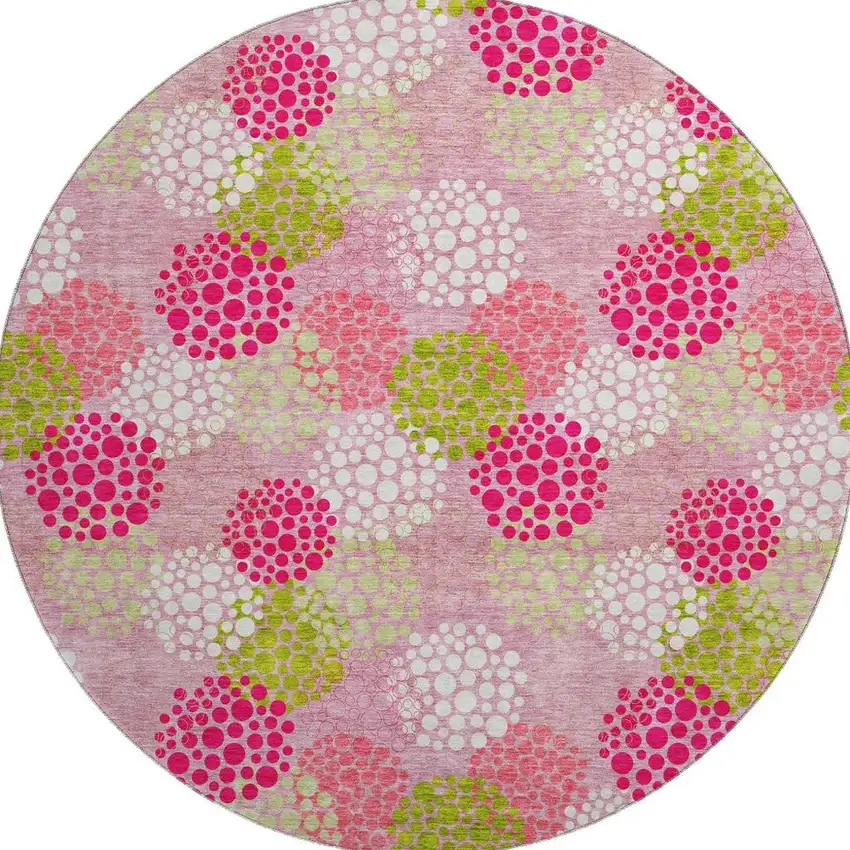 8' Pink Green And Ivory Polka Dot Washable Round Rug With UV Protection Photo 4
