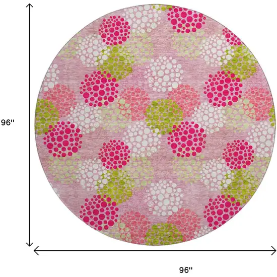 8' Pink Green And Ivory Polka Dot Washable Round Rug With UV Protection Photo 3