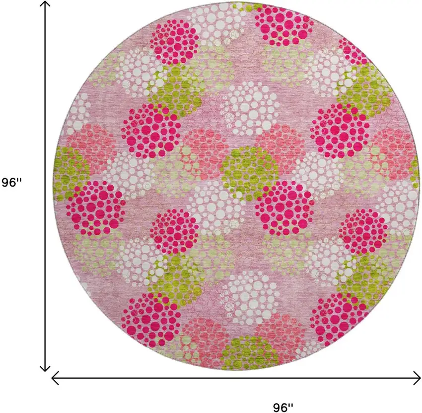 8' Pink Green And Ivory Polka Dot Washable Round Rug With UV Protection Photo 3
