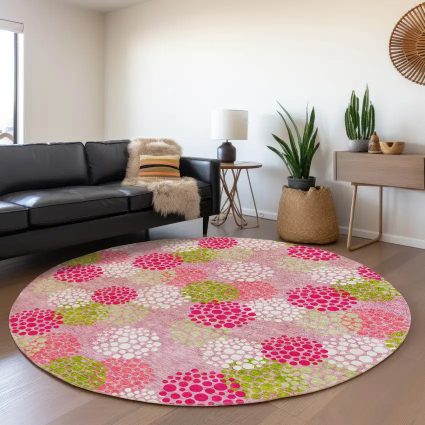 8' Pink Green And Ivory Polka Dot Washable Round Rug With UV Protection Photo 5