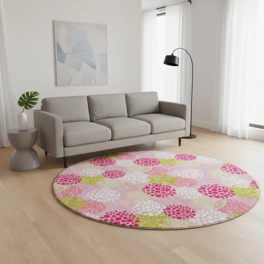 8' Pink Green And Ivory Polka Dot Washable Round Rug With UV Protection Photo 2