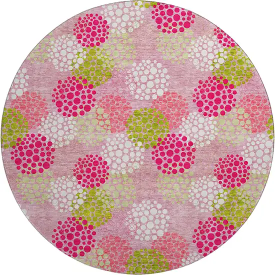 8' Pink Green And Ivory Polka Dot Washable Round Rug With UV Protection Photo 1