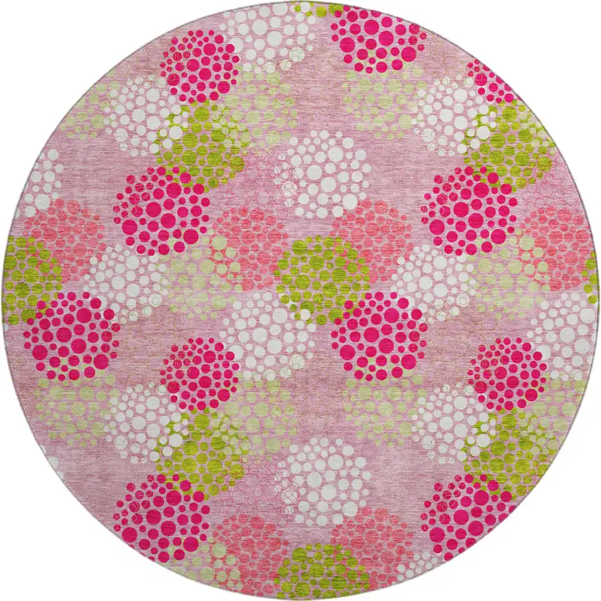 8' Pink Green And Ivory Polka Dot Washable Round Rug With UV Protection Photo 1