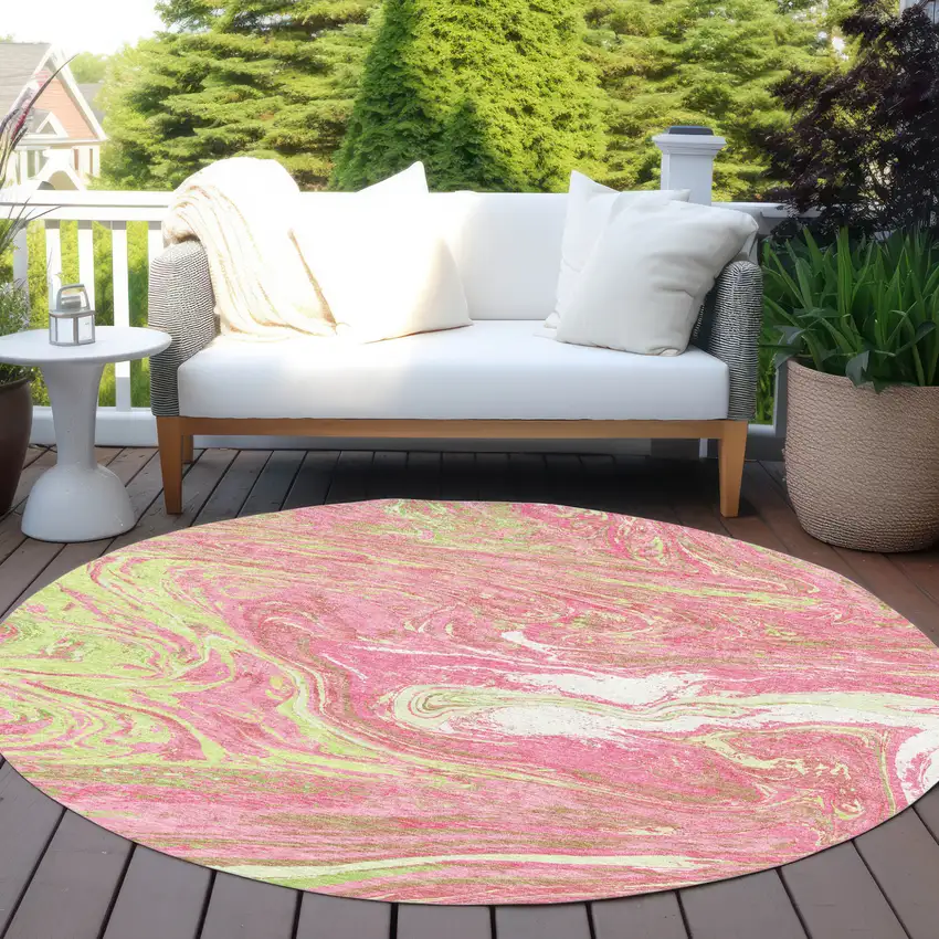 8' Pink Green And Ivory Round Abstract Washable Indoor Outdoor Area Rug Photo 7
