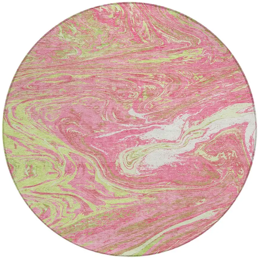 8' Pink Green And Ivory Round Abstract Washable Indoor Outdoor Area Rug Photo 6