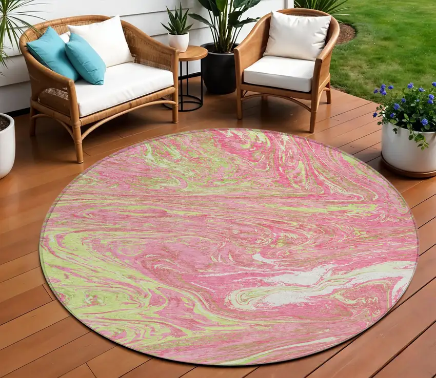 8' Pink Green And Ivory Round Abstract Washable Indoor Outdoor Area Rug Photo 1