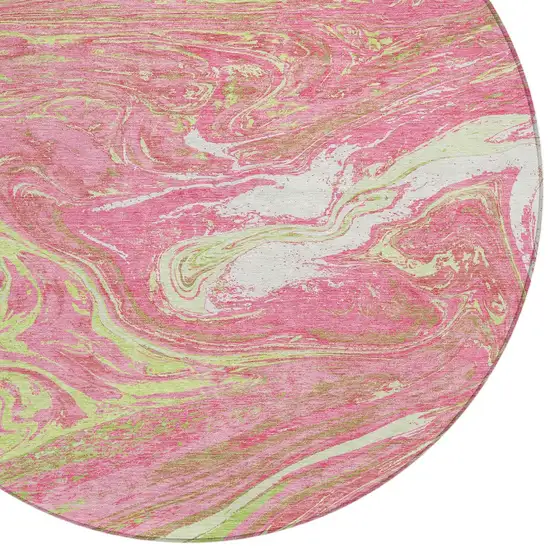 8' Pink Green And Ivory Round Abstract Washable Indoor Outdoor Area Rug Photo 5