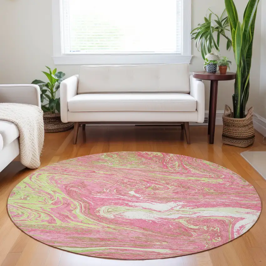 8' Pink Green And Ivory Round Abstract Washable Indoor Outdoor Area Rug Photo 8