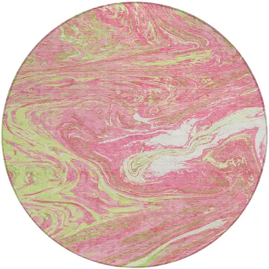 8' Pink Green And Ivory Round Abstract Washable Indoor Outdoor Area Rug Photo 2